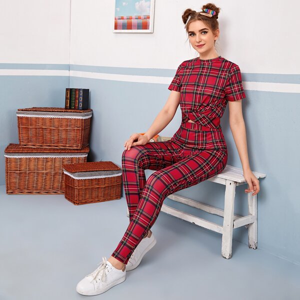 

Twist Front Tartan Top & Leggings Set, Red