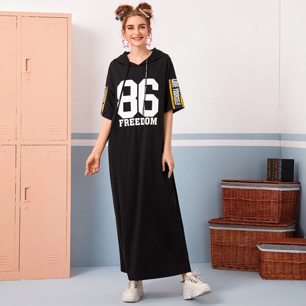 

Drop Shoulder Letter Graphic Drawstring Hooded Dress, Black