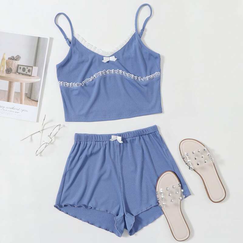

Lace Trim Cami & Shorts, Blue