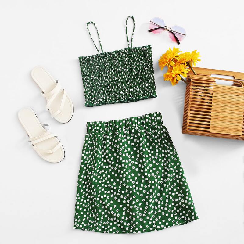 

Ditsy Floral Shirred Cami & Skirt, Green