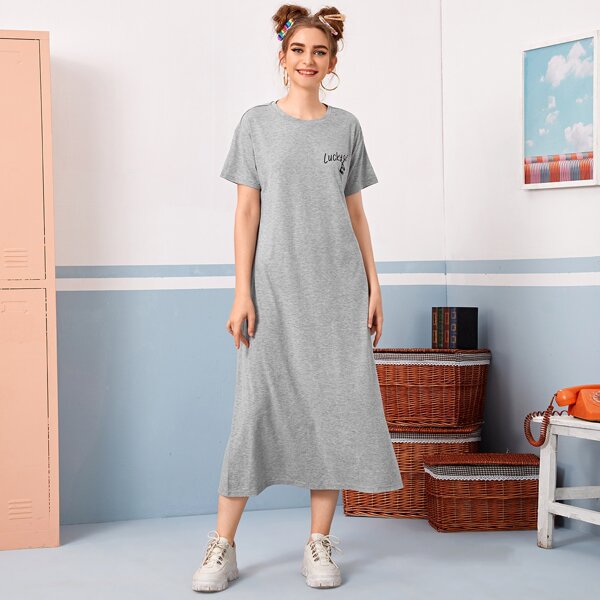 

Drop Shoulder Letter Graphic Tee Dress, Grey