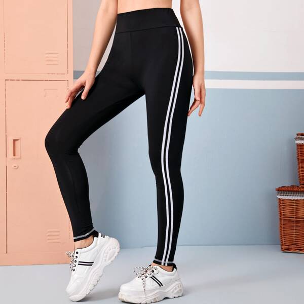 

Wide Waistband Striped Side Leggings, Black