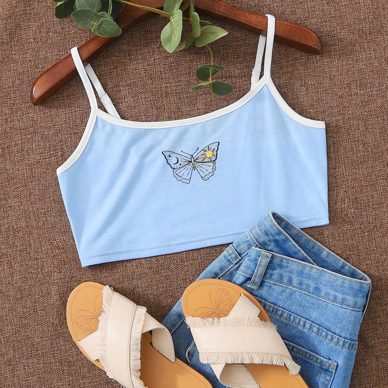 Butterfly Print Crop Top, Baby blue
