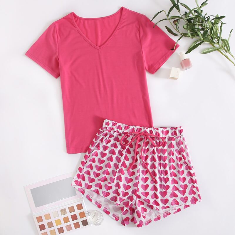 

V-Neck Tee & Heart Shorts PJ Set, Pink