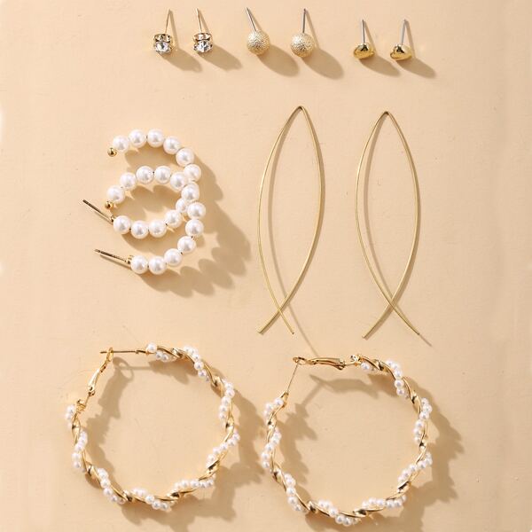 

6pairs Rhinestone Decor Earrings, Gold