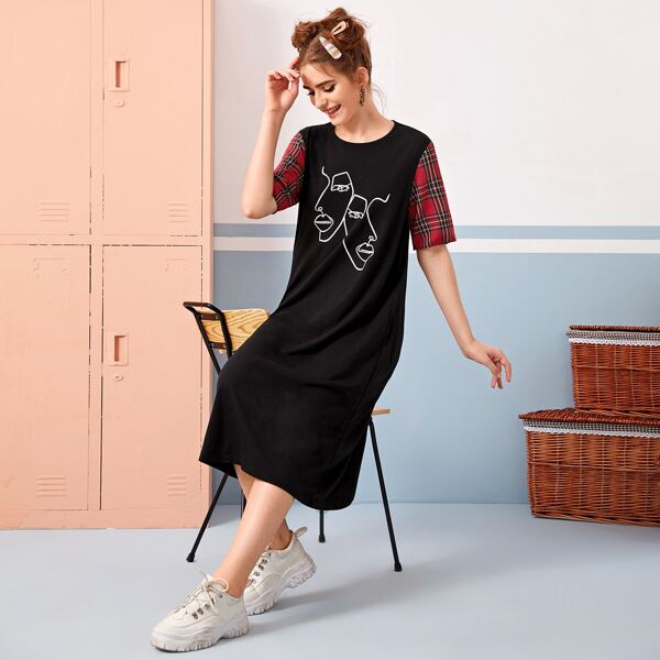 

Tartan Sleeve Figure Graphic Tee Dress, Black