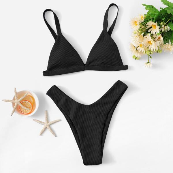 

Rib Triangle High Leg Bikini Swimsuit, Black