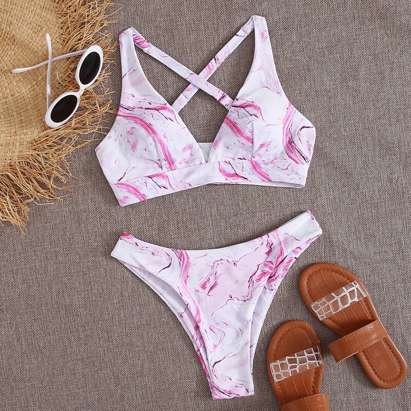 

Marble Print Criss Cross Bikini Swimsuit, Pastel baby pink