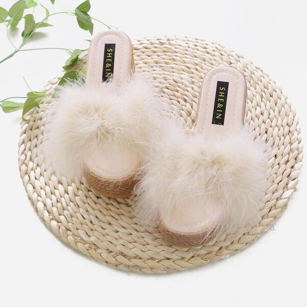 

Faux Fur Decor Wedge Mules, Beige