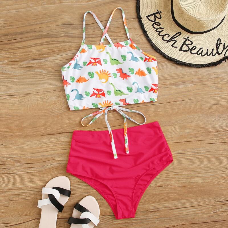 

Cartoon Dinosaur High Waisted Bikini Swimsuit, Multicolor