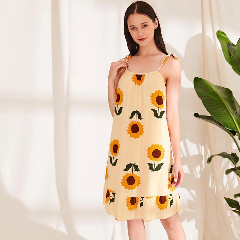 

Sunflower Print Ruffle Cami Nightdress, Beige