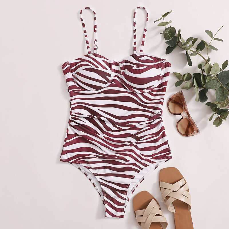 

Zebra Stripe Underwire One Piece Swimsuit, Burgundy