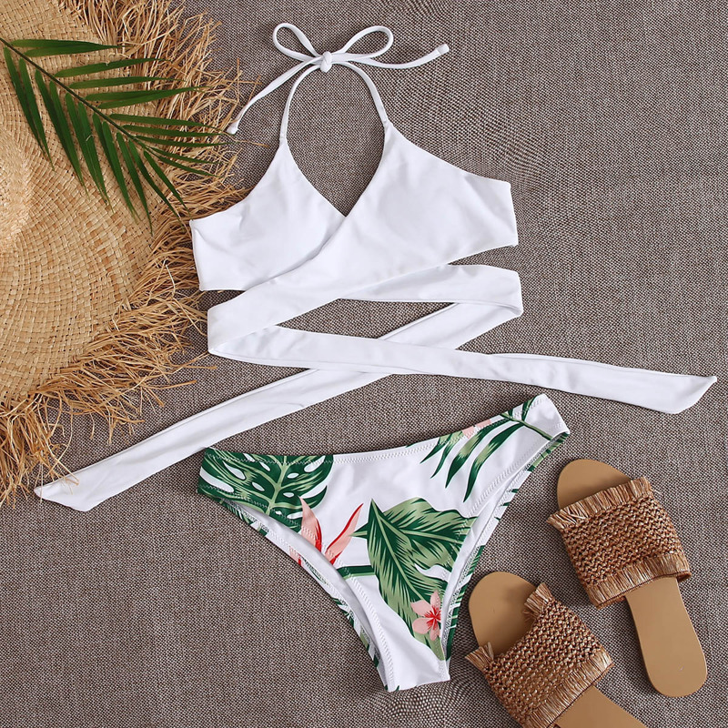 

Random Tropical Wrap Bikini Swimsuit, White