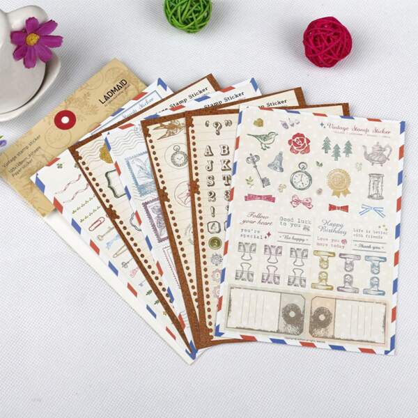 

6sheets Vintage Stamp Pattern Sticker, Multicolor