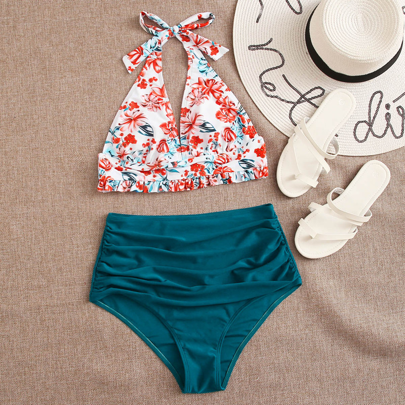 

Floral Ruched High Waisted Bikini Swimsuit, Multicolor