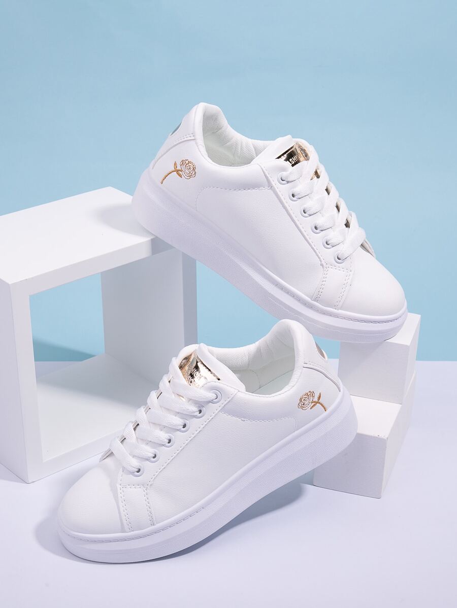 Women White Rose Embroidered Lace-up Front Sneakers, Round Toe Casual Shoes - White - View 1