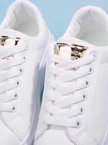 Women White Rose Embroidered Lace-up Front Sneakers, Round Toe Casual Shoes - White - View 4