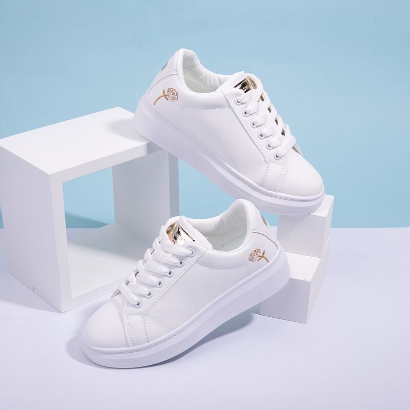 

Rose Embroidered Lace-up Front Sneakers, White