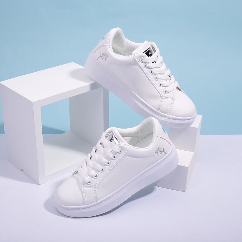 

Rose Embroidered Lace-up Front Sneakers, White