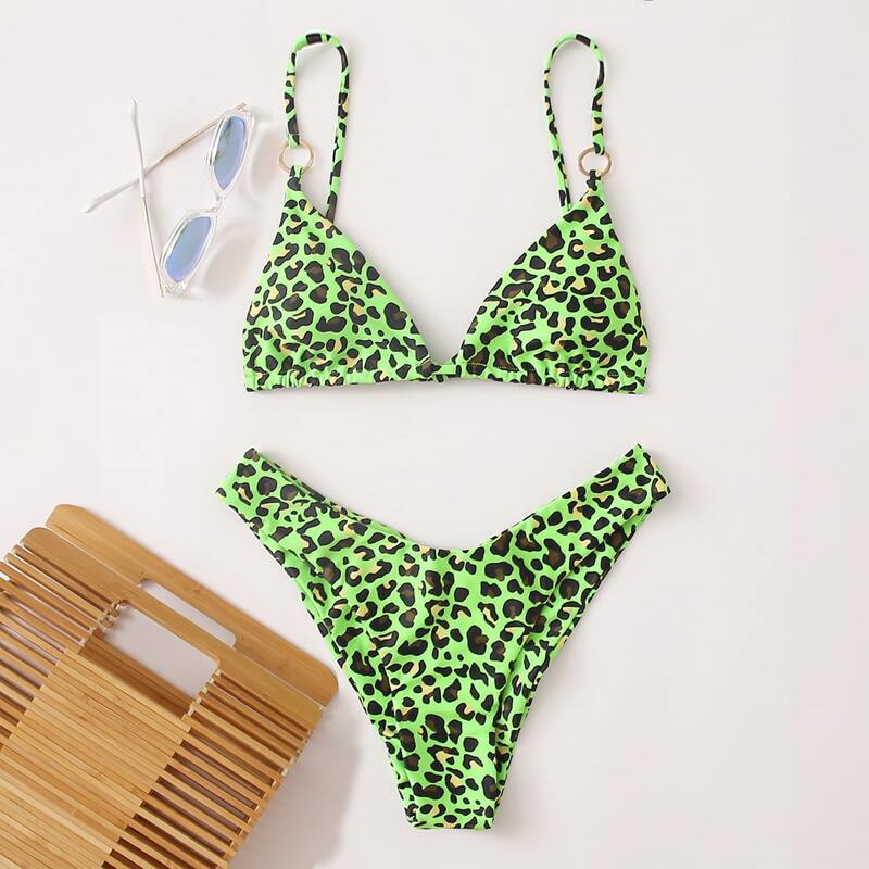 

Leopard High Leg Bikini Swimsuit, Lime green