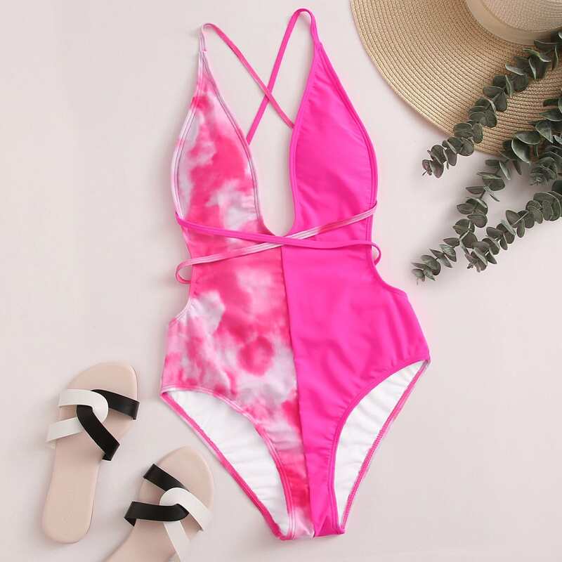 

Tie Dye Backless One Piece Swimsuit, Pink bright