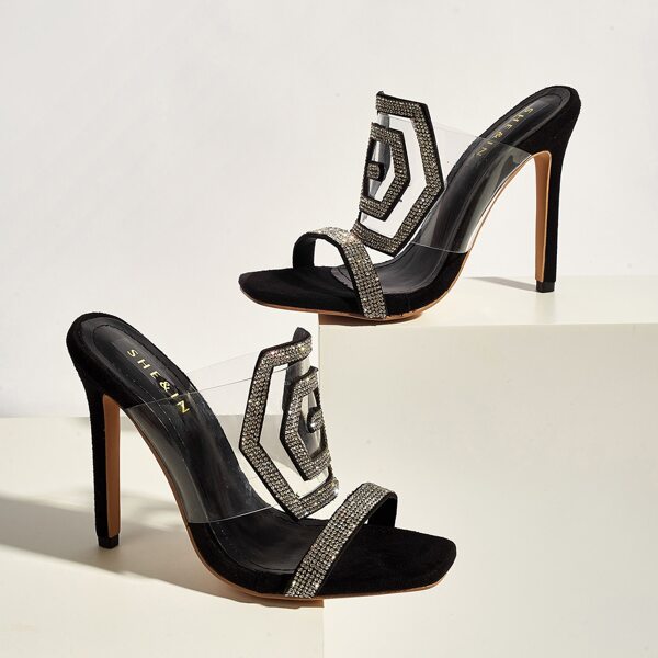 

Rhinestone Engraved Stiletto Heeled Mules, Black