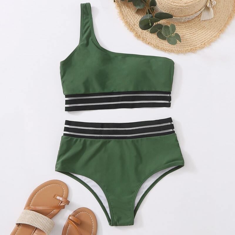 

Striped Tape One Shoulder Bikini Swimsuit, Army green