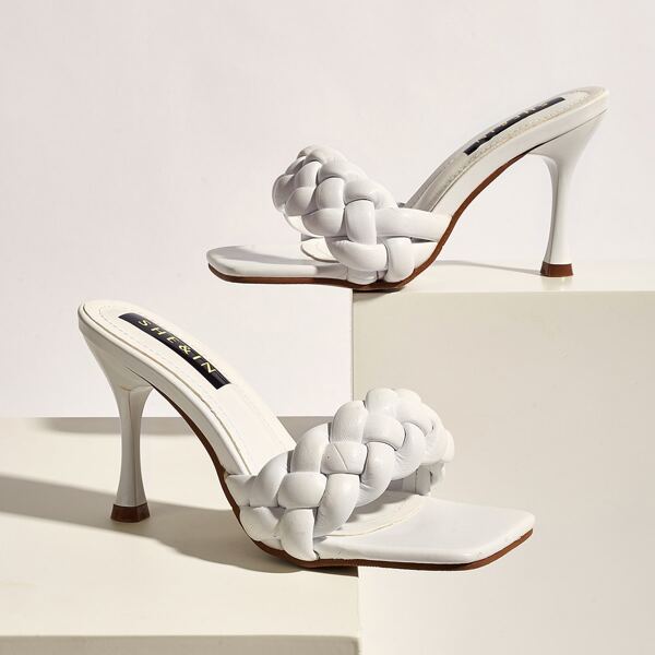 

Braided Strap Kitten Heeled Mules, White