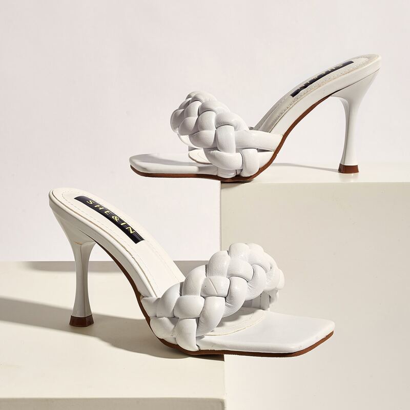 

Braided Strap Kitten Heeled Mules, White