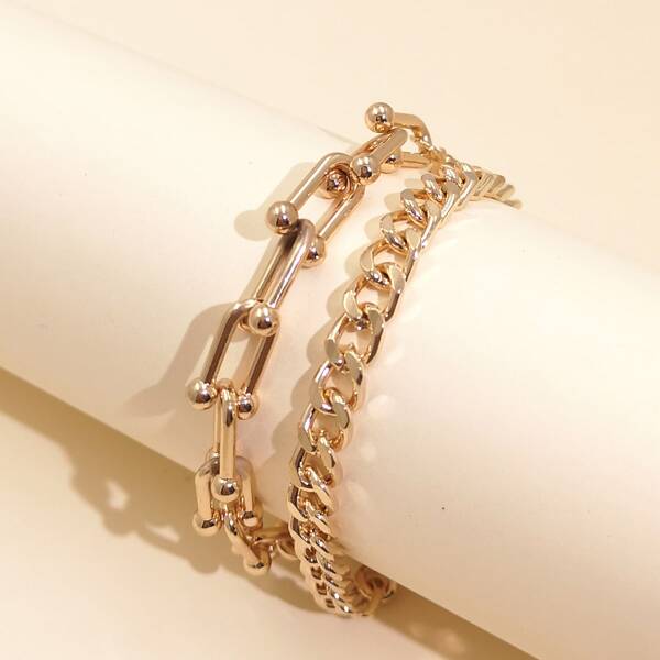 

2pcs Chain Design Bracelet, Gold