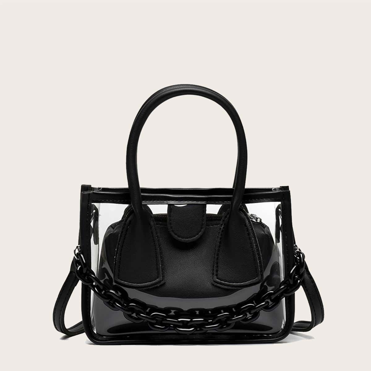 

Clear Satchel Bag With Inner Pouch, Black