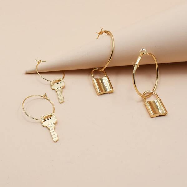 

2pairs Key Charm Drop Earrings, Gold