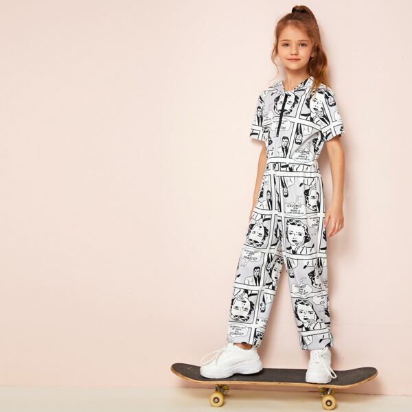 

Girls Figure Graphic Zipper Hooded Jumpsuit, White