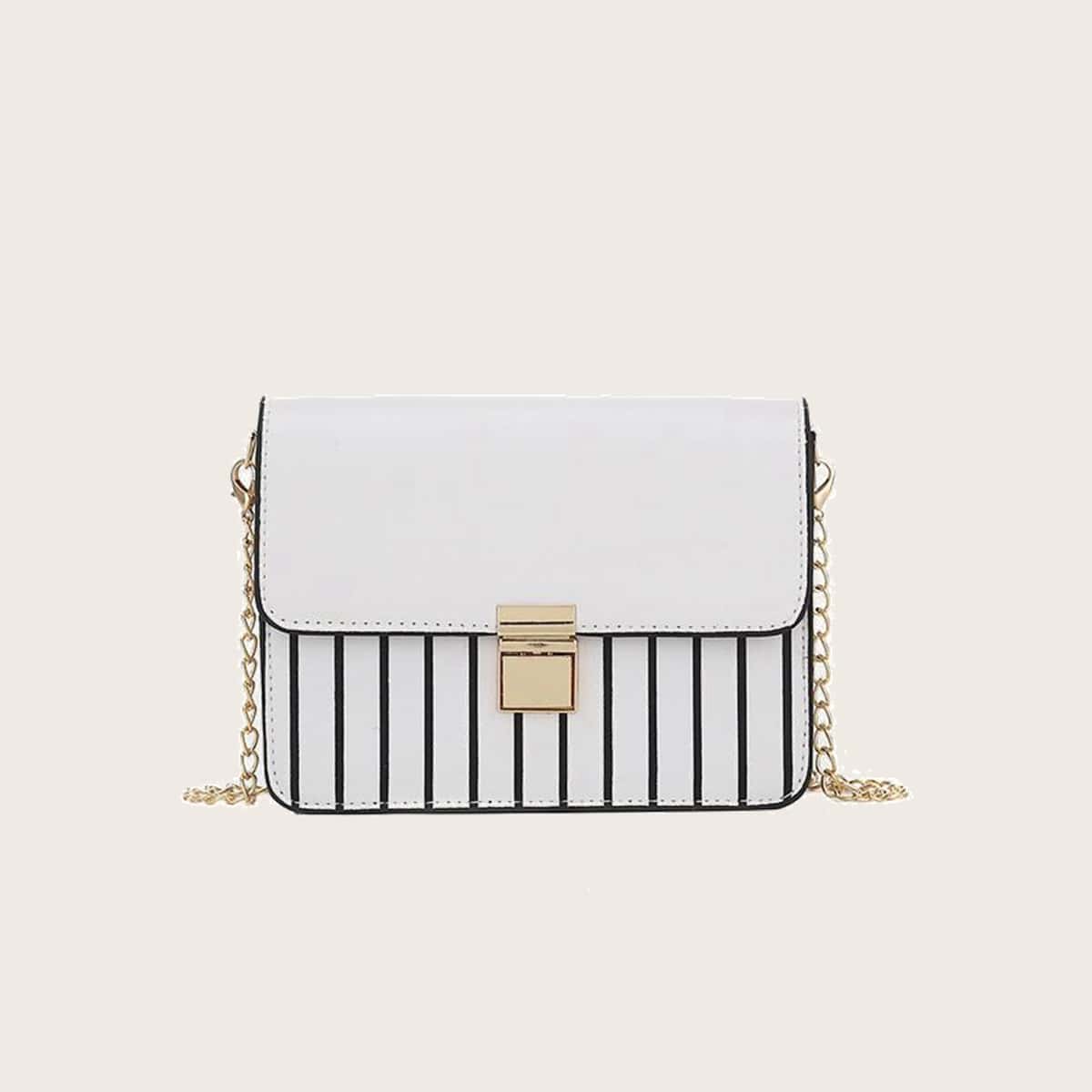 

Striped Flap Chain Bag, White