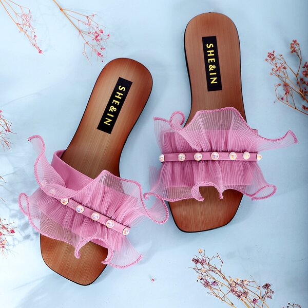 

Faux Pearl Decor Mesh Ruffle Sliders, Pink