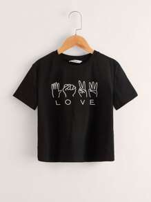 SHEIN Girls Gesture & Letter Graphic Tee - Black - View 1