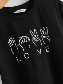 SHEIN Girls Gesture & Letter Graphic Tee - Black - View 3