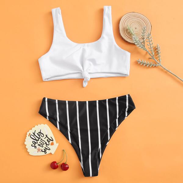 

Girls Striped Knot Hem Bikini Swimsuit, Black and white