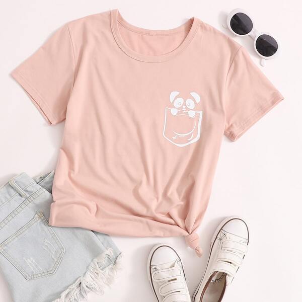 

Cartoon Graphic Round Neck Tee, Pink