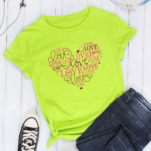 

Letter & Heart Print Round Neck Tee, Green bright