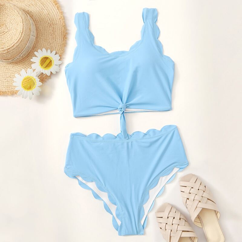

Scallop Trim High Waisted Bikini Swimsuit, Baby blue