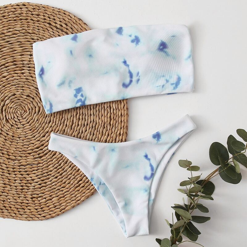 

Tie Dye Rib Bandeau Bikini Swimsuit, White