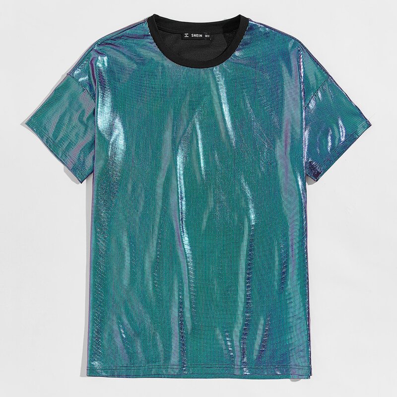 

Guys Contrast Neck Holographic Metallic Top, Teal blue