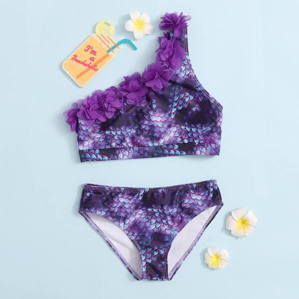 

Toddler Girls Fish Scale Print Bikini Swimsuit, Purple