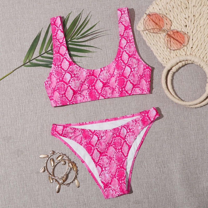 

Snakeskin Scoop Neck Bikini Swimsuit, Pink