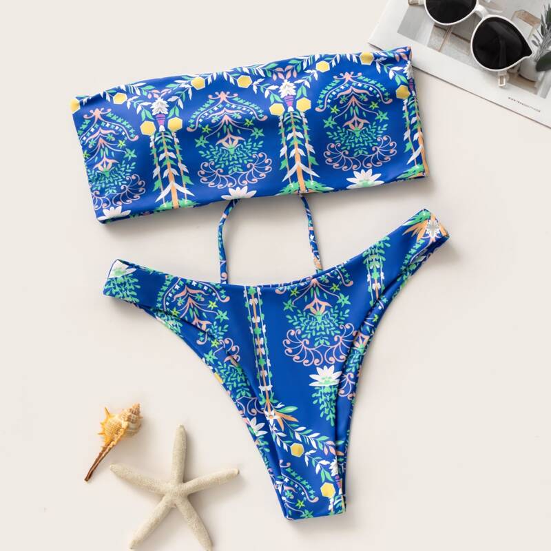 

Tribal Lace-up Bandeau Bikini Swimsuit, Blue