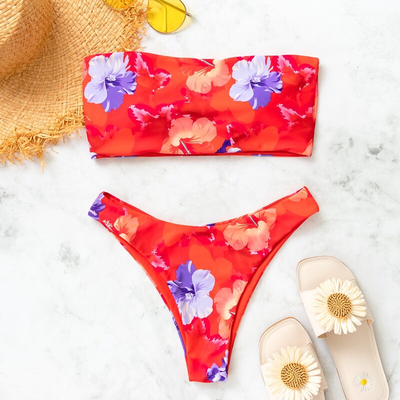 

Floral Print Bandeau Bikini Swimsuit, Red