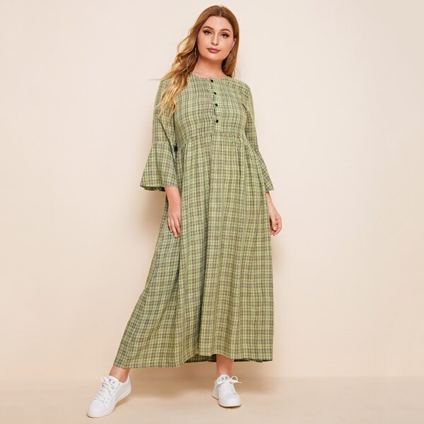 

Plus Half Button Tartan Plaid Smock Dress, Green