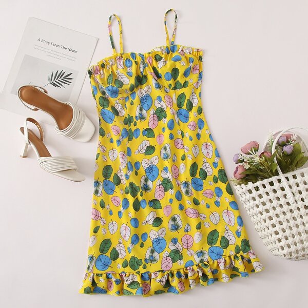 

Frill Trim Ruffle Hem Leaf Print Sundress, Multicolor