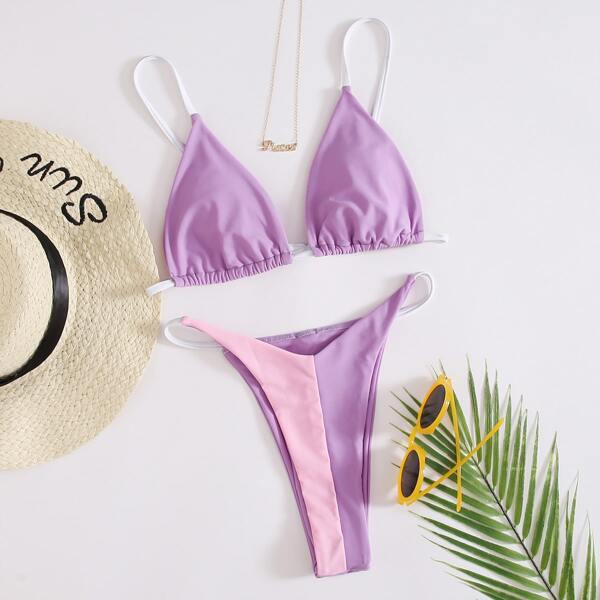 

Two Tone Triangle High Cut Bikini Swimsuit, Mauve purple